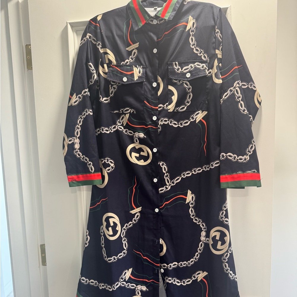 Navy Chain Print Dress with GG logo, Red and Green Accents